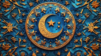 Fototapeta premium Beautifully detailed artwork showcases a crescent moon and stars, reflecting the joy and spirituality of Ramadan, symbolizing unity and peace