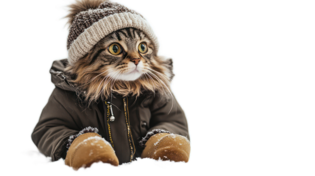 Adorable furry cat wearing a cozy winter hat and mittens on a snowy surface, capturing the essence of warmth and cuteness in a cold environment