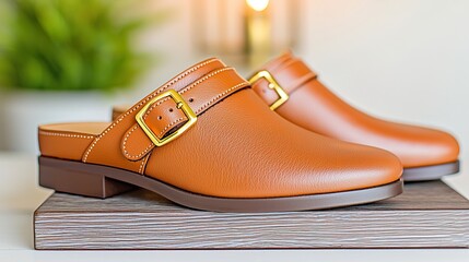 Naklejka premium Stylish Leather Mules with Gold Buckles Displayed Elegantly, Mules shoes fashion slip-on concept.