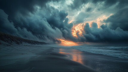 Fototapeta premium A breathtaking seascape featuring dramatic storm clouds, a glowing sunset, and waves gently meeting the shore. The intense contrast between light and dark creates an atmospheric and surreal scene
