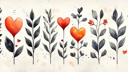 Hand Drawn Decorative Seamless Pattern with Hearts and Leaves