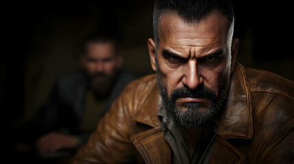 Fototapeta premium Intense 3D Render of a Bearded Man in a Leather Jacket