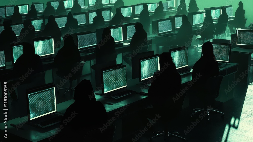 Poster dynamic workspace filled with multiple computer monitors and silhouetted figures engaged in technolo