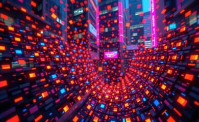 A futuristic digital landscape with a grid of glowing, multicolored lights, creating a mesmerizing and abstract pattern.