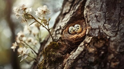 Fototapeta premium Nest with speckled eggs resting on a tree branch amidst blooming flowers in soft sunlight on a peaceful spring day