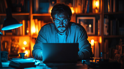 Obraz premium Late Night Focus: A man hunches over his laptop, bathed in the blue glow of the screen, his face illuminated by the soft, warm light of a nearby lamp.