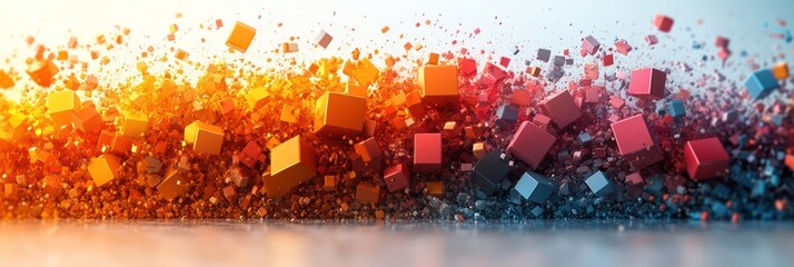 Obraz premium Abstract Colorful Cube Explosion: A Dynamic 3D Render of Vibrant Cubes in Motion