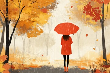 Young Woman Strolling with Umbrella in a Vibrant Autumn Park on a Rainy Day