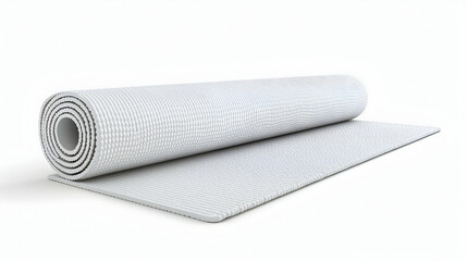 Fototapeta premium Rolled white yoga mat partially unfurled on white background, studio shot, ideal for fitness or exercise websites.