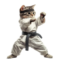 Playful Cat in Karate Pose Wearing a Traditional Martial Arts Uniform and Black Belt, Displaying Its Skills and Strength with a Fun and Energetic Expression