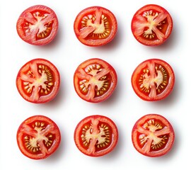 Fresh Tomato Slices Arranged in a Neat Grid Pattern Showcasing Their Juicy Texture, Vibrant Color, and Unique Seed Structure Perfect for Culinary and Graphic Use