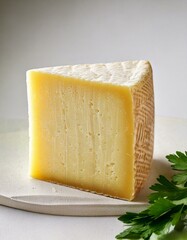 Piece of cured cheese, wedge of Manchego cheese on a white table