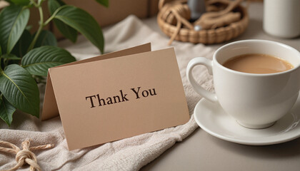 Thank you card next to tea cup in warm light, appreciation gesture