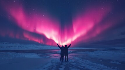 A glowing pink and purple aurora forming a heart shape over a tranquil snowy field