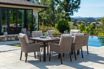 Modern 7-Piece Outdoor Dining Set with Wicker Chairs, Square Air Table, and Beige Ceramic Tile, Perfect for Relaxing Poolside on Summer Days, Vaporwave Style