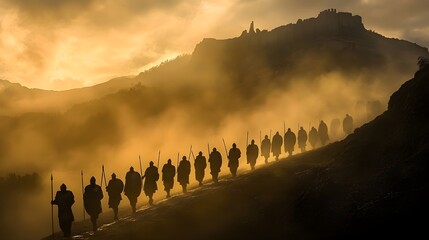 A photo of a Roman legion marching through a mountain pass in the early morning mist.