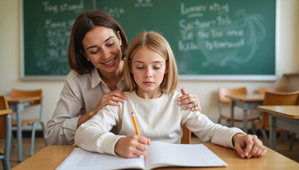 Mother comforting daughter while she studies in classroom