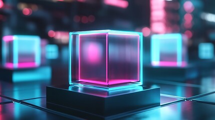 Fototapeta premium Neon Lit Glass Cube Display Platform