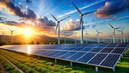 Solar panels and wind turbines generating electricity in a modern renewable energy facility, renewable energy, sustainable power