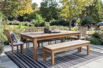 Obraz premium Four-piece outdoor dining set with oak wood rectangular table, acacia wood chairs and bench, black-striped rug, perfect for cozy family gatherings.
