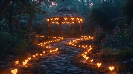 Obraz premium A glowing pathway of hearts leading to a romantic gazebo in a fantasy garden