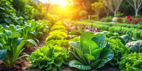 Lush green leafy vegetables and fruits growing in a vegetable garden under the warm sun, harvest