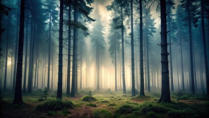 Fototapeta premium Dark forest atmosphere with tall trees and misty fog, dark forest, earthy tones, dark forest, earthy tones