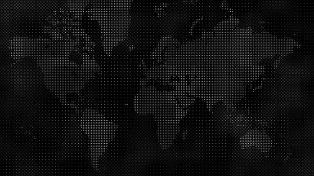 Minimalist halftone dots world map in black and white, highlighting digital stylized global connections on planet Earth