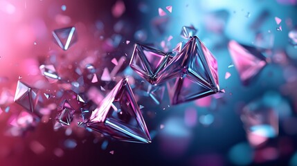 A holographic 3D pattern featuring shapes like triangles and cubes floating in space, with shimmering colors and textures,