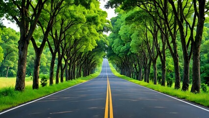 Serene asphalt road lined with lush green trees, leading to a bright horizon.  Perfect for travel, nature, and journey concepts.