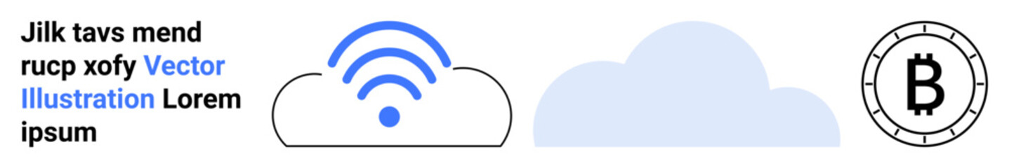 Text with random words, wireless signal inside cloud, solid blue cloud, and Bitcoin symbol inside circle. Ideal for cloud computing, cryptocurrency, wireless connectivity, digital innovation