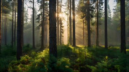 Obraz premium A panoramic view of a misty forest at sunrise, with sunlight filtering through tall pine trees and dew-covered grass