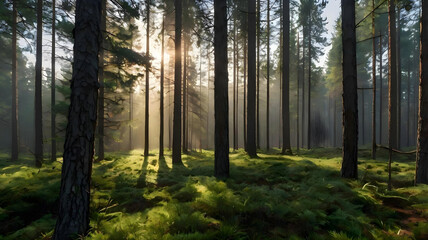 Fototapeta premium A panoramic view of a misty forest at sunrise, with sunlight filtering through tall pine trees and dew-covered grass
