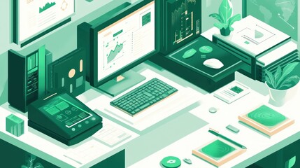 Isometric illustration of a modern workspace with computers, charts, and plants.