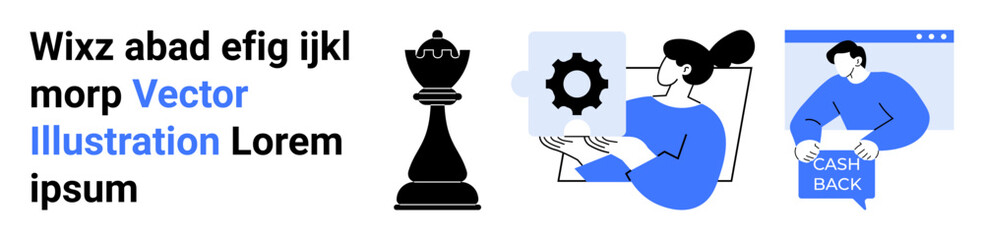Chess piece, woman holding a gear, person with a Cash Back sign. Ideal for business strategy, innovation, financial planning, marketing, productivity, customer engagement, e-commerce. Landing page