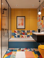 Vibrant bathroom interior with colorful geometric tiles, modern fixtures, and natural lighting, luxury design inspiration
