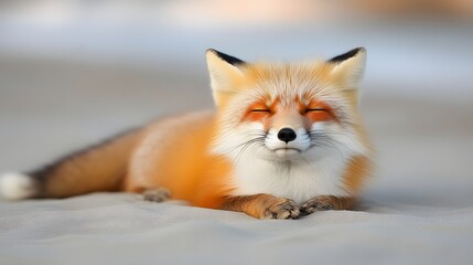 Fototapeta premium Relaxed red fox lying on sand, eyes closed.