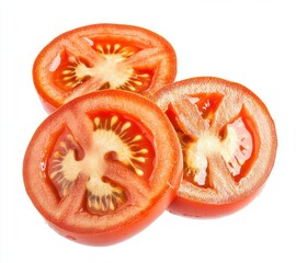 Freshly Sliced Red Tomatoes on White Background Showcasing Juicy Inside and Vibrant Color Ideal for Culinary and Healthy Lifestyle Concepts