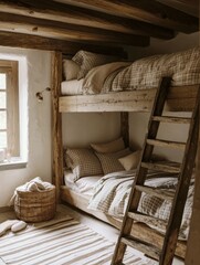 a rustic wooden bunk bed with warm colors