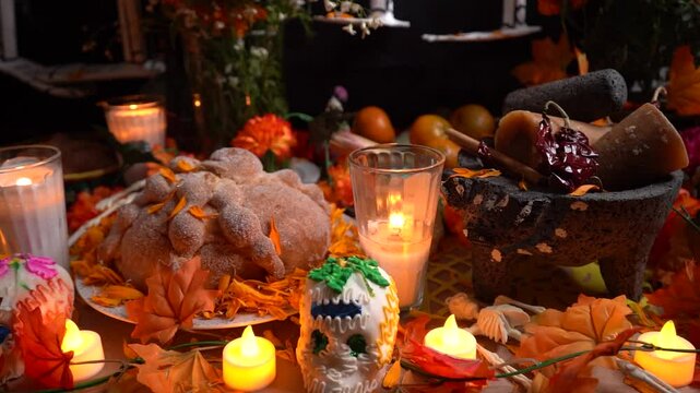 Day of the Dead offerings table with bread, vegetables and sugar skulls