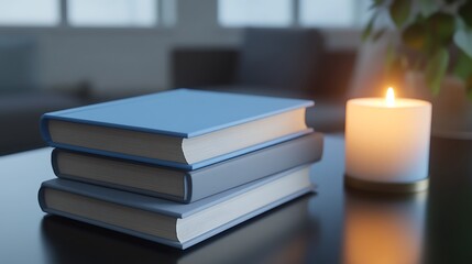 Peaceful Workspace: Turquoise and Teal Books Stacked on Light Wood Desk, Candlelight Casting Serenity and Calmness Across the Room