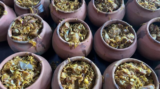 Bihari style Handi mutton getting prepared. Loaded mutton inside Handi. Champaran Handi