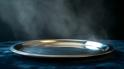 A photo of a silver platter with a soft glowing finish on a dark velvet background.