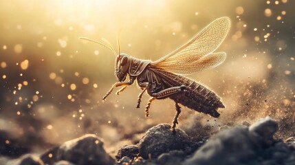 A close-up of a grasshopper on a textured surface with a warm, glowing background.