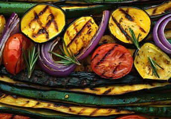 Grilled Vegetables Including Zucchini, Eggplant, Onion, and Tomato with Fresh Rosemary on a Platter Ready for Serving or Meal Preparation