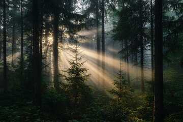 Obraz premium Misty forest morning with sunlight breaking through