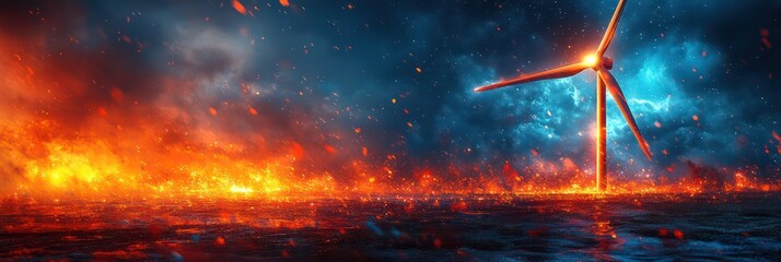 Wind Turbine Amidst Fiery Apocalypse: A Digital Painting