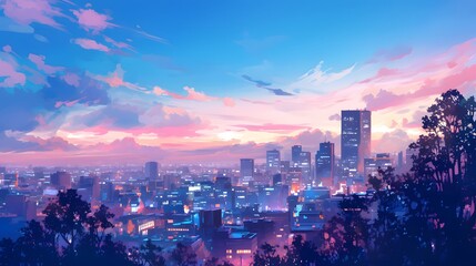 Fototapeta premium Beautiful anime-style illustration of a city skyline at twilight, with soft pastel skies and glowing city lights