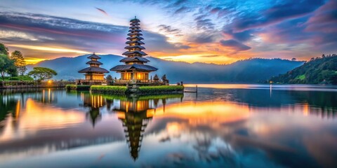 Fototapeta premium Serene sunrise paints Pura Ulun Danu Bratan in golden light; a long exposure Bali temple masterpiece.