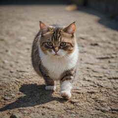 A munchkin cat with short legs walking confidently on a clear stage.